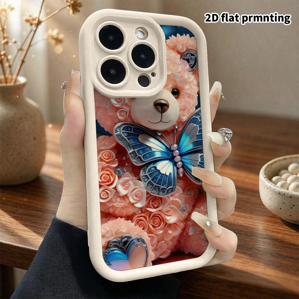 Phone Case: 2D flat design suitable for iPhone 18 17 16 15 14 13 Pro stepped protective case, rose carved pink bear, Christmas and Halloween gift