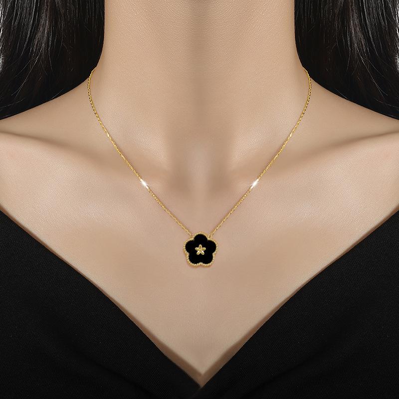 Five-Leaf Flower Double-Sided Minimalist Wind Furnace Real Gold Necklace Female Collarbone Chain With