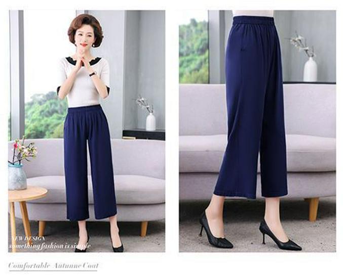 2026 Summer Solid Color Loose Straight Cropped Cotton Silk Pants for Middle-Aged and Elderly Women