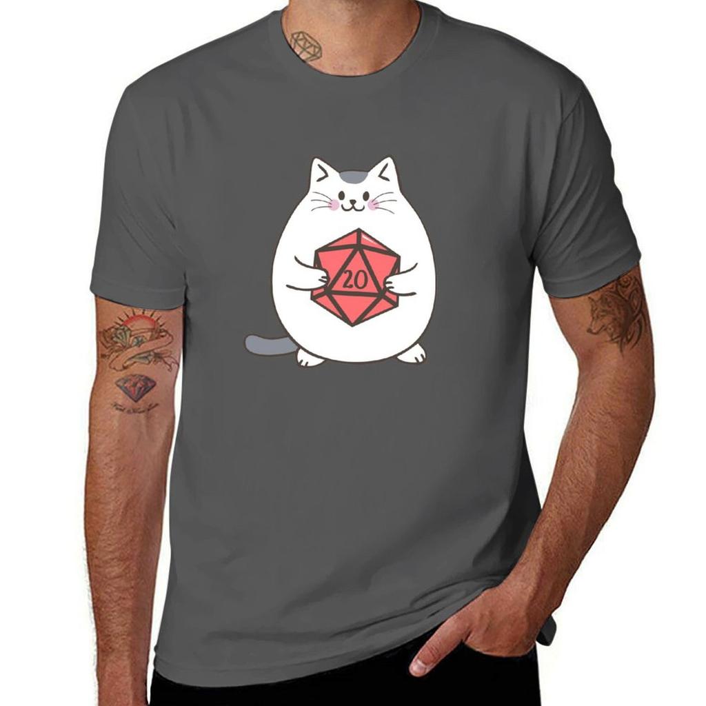 Fat Cat with Polyhedral D20 Dice TShirt T Shirts for Man Graphic Vintage T Shirt for Man TShirt