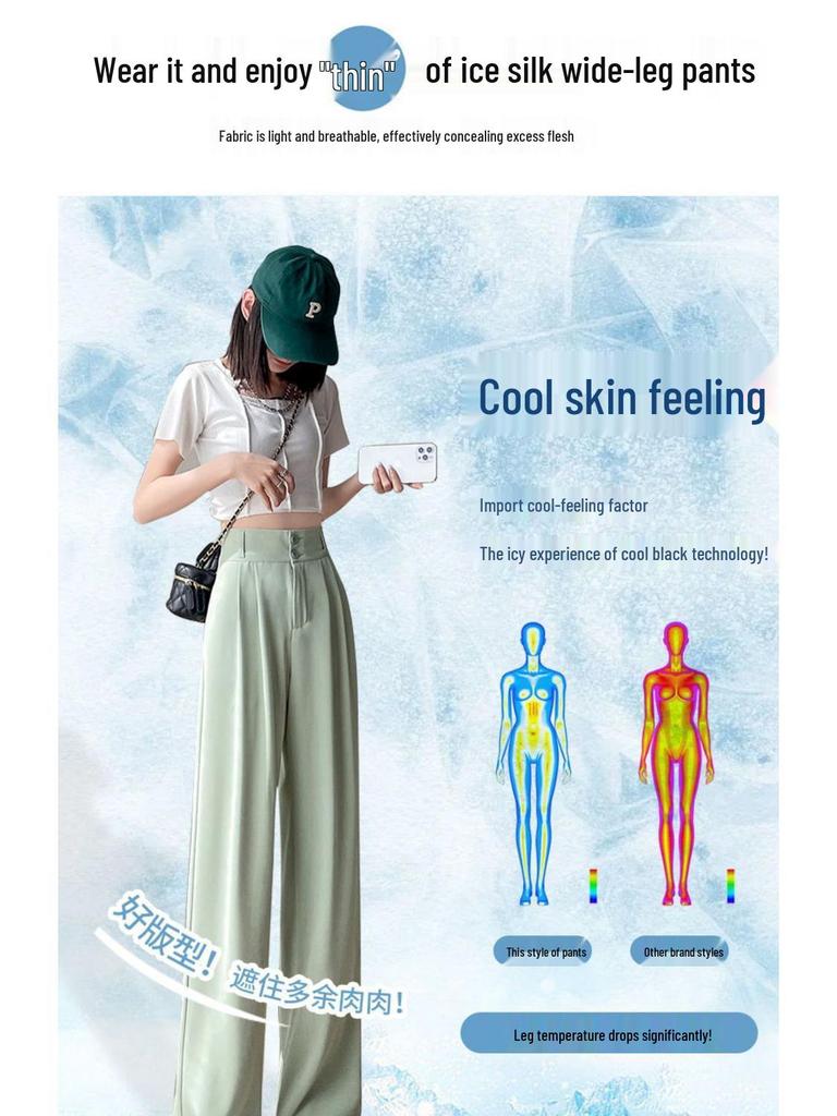 Ice Silk High Waist Chiffon Wide Leg Pants - Women's Summer Korean Style
