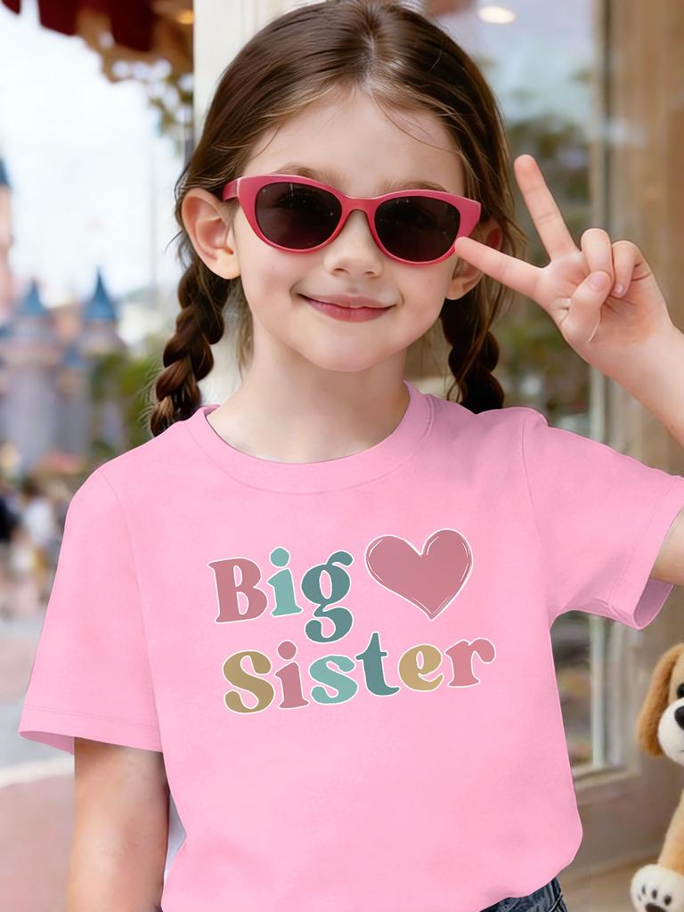 T-shirt Colorata con Lettere Cuore Rosa Stampa Carina per Bambina Manica Corta Girocollo Cotone Top Coordinati per la Famiglia Toddler Giovane