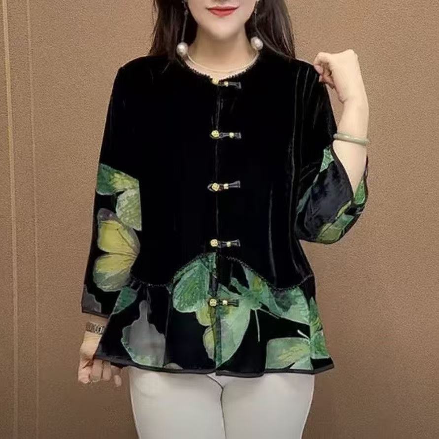 Vintage Women's Velvet Blouse Long Sleeve Slim Fit Printed Velvet Blouse for Spring and Autumn
