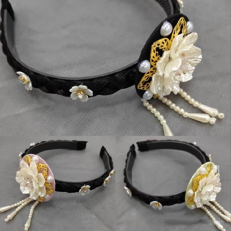 Flower Pearls Korean Hair Hoop Traditional Headband for Stage Shows and Ethnic Festivals Handmade Hair Accessories