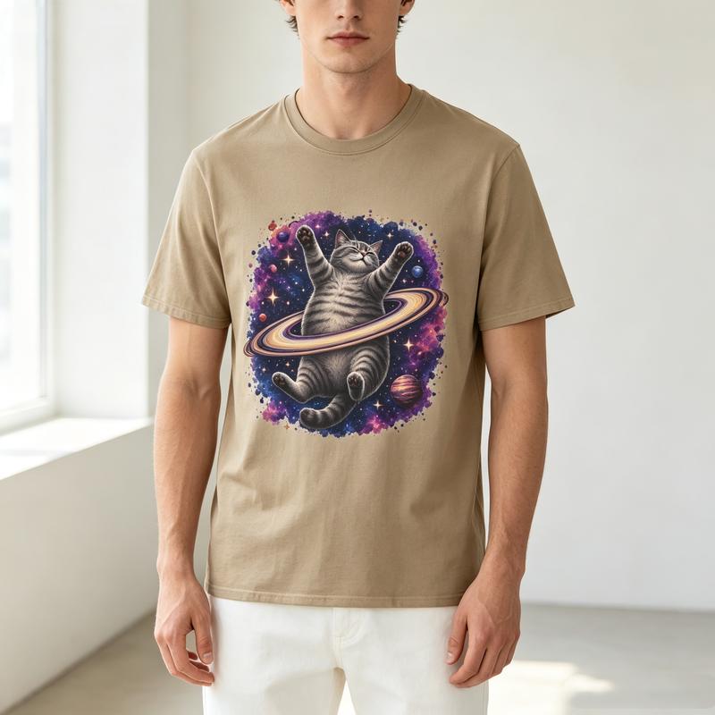 Space Ring Cat Graphic T Shirt Galaxy Saturn Cat Print Unisexs Unisexs Cotton Crew Neck Casual Y2k Top Harajuku Oversized T Shirt