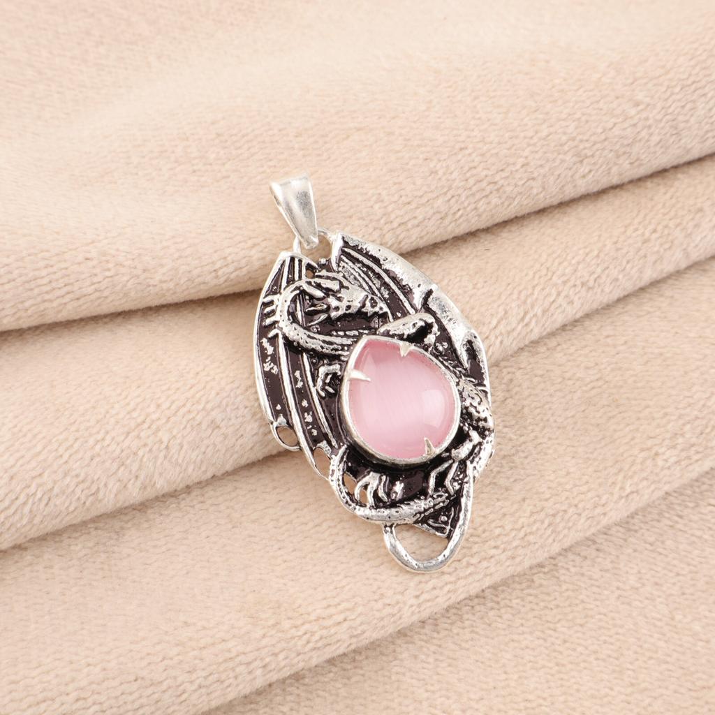Pink Cat's Eye Gemstone 925 Sterling Silver Jewelry Handmade Prong Set Pendant CP-9-44