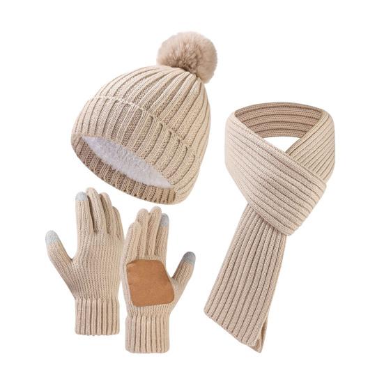 3Pcs/Set Winter Hat Scarf Gloves Set Solid Color Thickened Warm Plush Lining Elastic Brimless