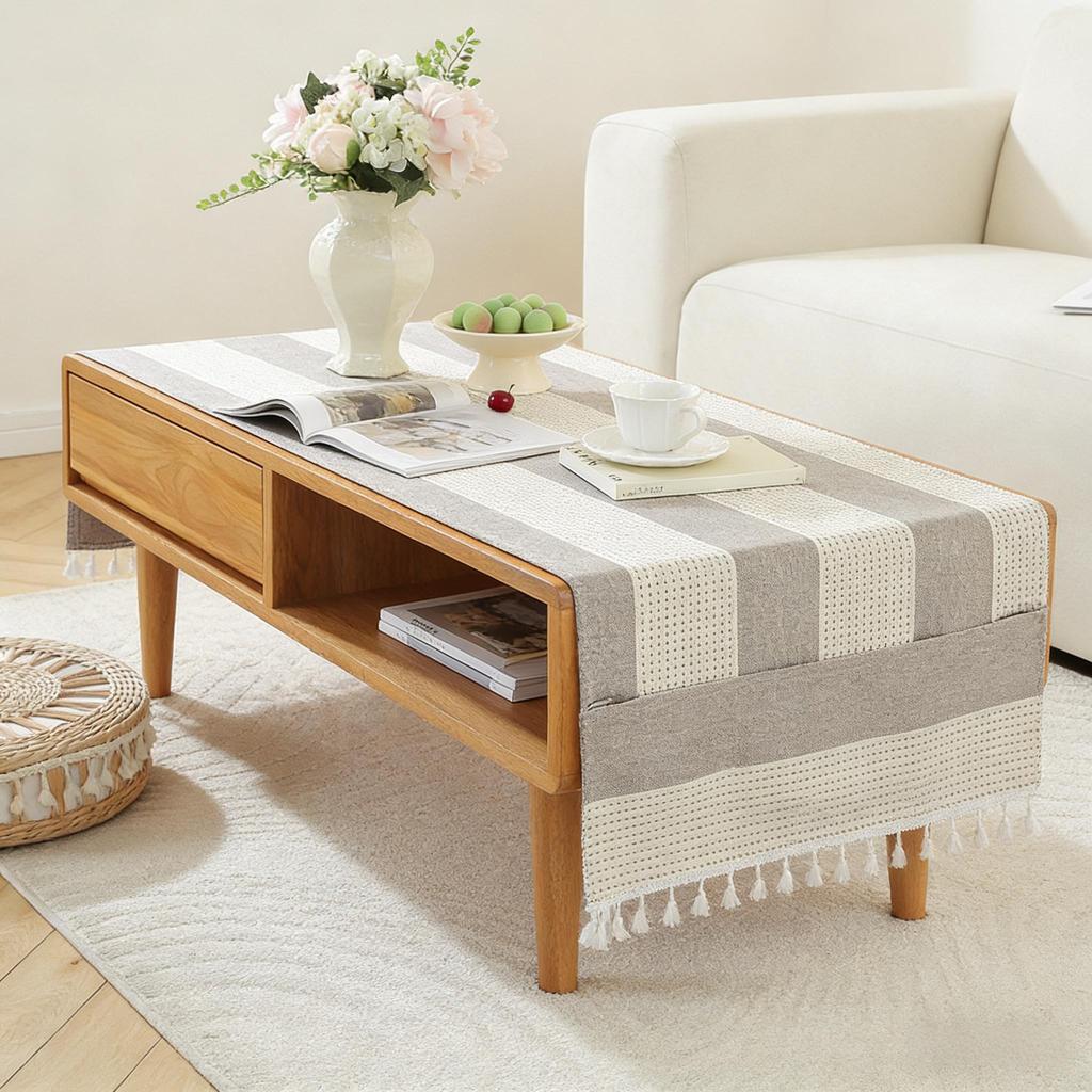 Machine Washable Cotton Linen Tassel Coffee Table Tablecloth with Pockets