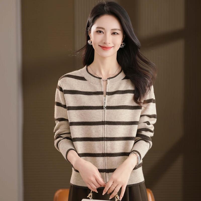 YUZHAOLIN Women's Striped Wool Knit Zipper Cardigan