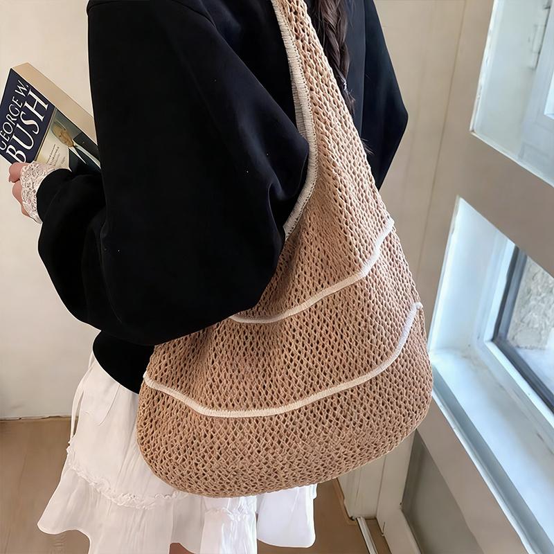 Spring Summer Woven Tote Bag Dopamine Color Shoulder & Underarm Bag Trendy Casual Beach Hollow Out Handbags