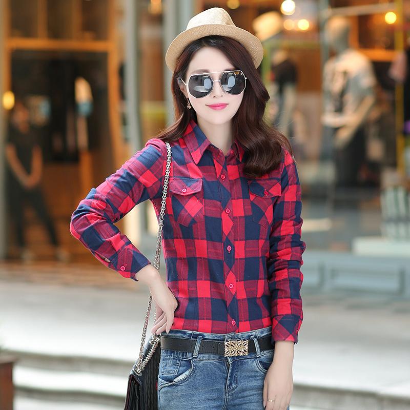 New Cotton Women's Shirts Grid Plus Size M-5XL Blouse Shirt Casual Long Sleeve Checkered Shirt  Turn-down Collar Streetwear