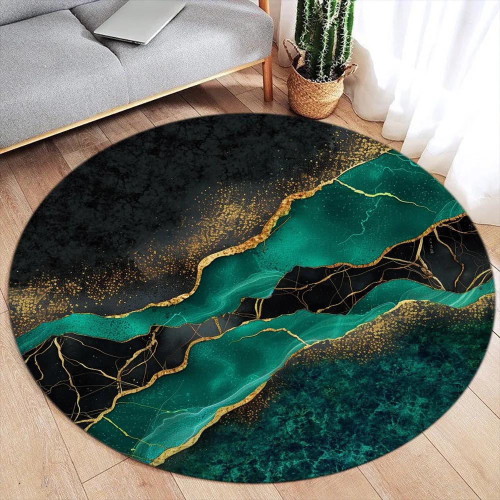 Abstract Marble Round Area Rug – Green Ink & Gold Line Design – Modern Luxury Carpet for Living Room or Bedroom, Soft Floor Mat