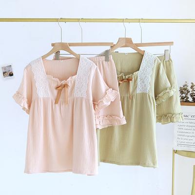 Summer New Women's Pajama Set 100% Cotton Crepe Sweet Lace Lace Short Sleeve Shorts Two Piece Home Set Women