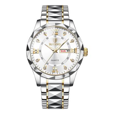 Men's Waterproof and Rainproof Wristwatch with Luminous Round Dial, Stainless Steel, Calendar Function, White Dial, Large Dial, and Rhinestones.