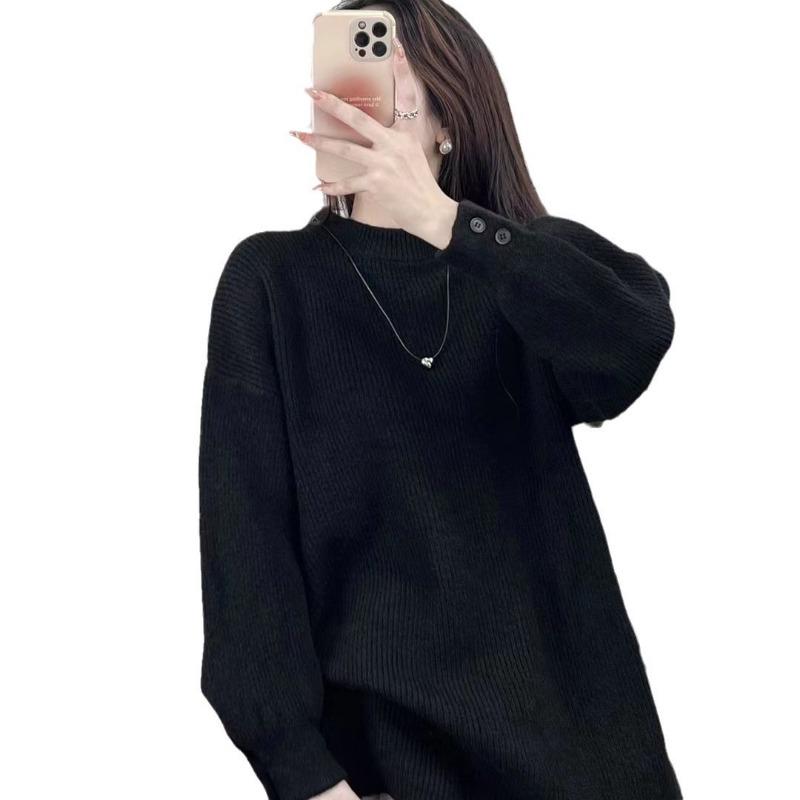 Lazy wind thickened loose cuffs button-knitted pullover sweater for women's autumn and winter medium and long inner top for women