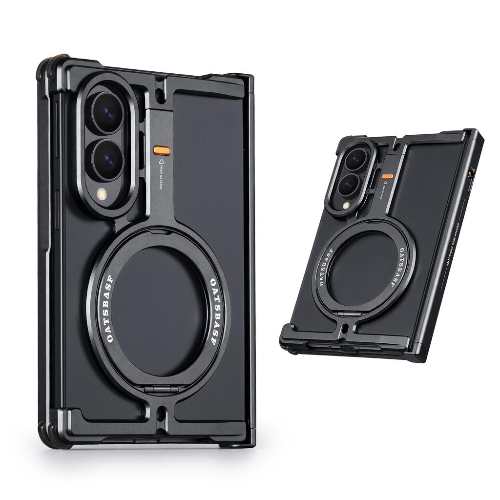 Metal Phone Case for Samsung Galaxy Z Fold 8 Aluminum Frame Bumper with 360° Rotation Magnetic Stand Minimalist Full Cover