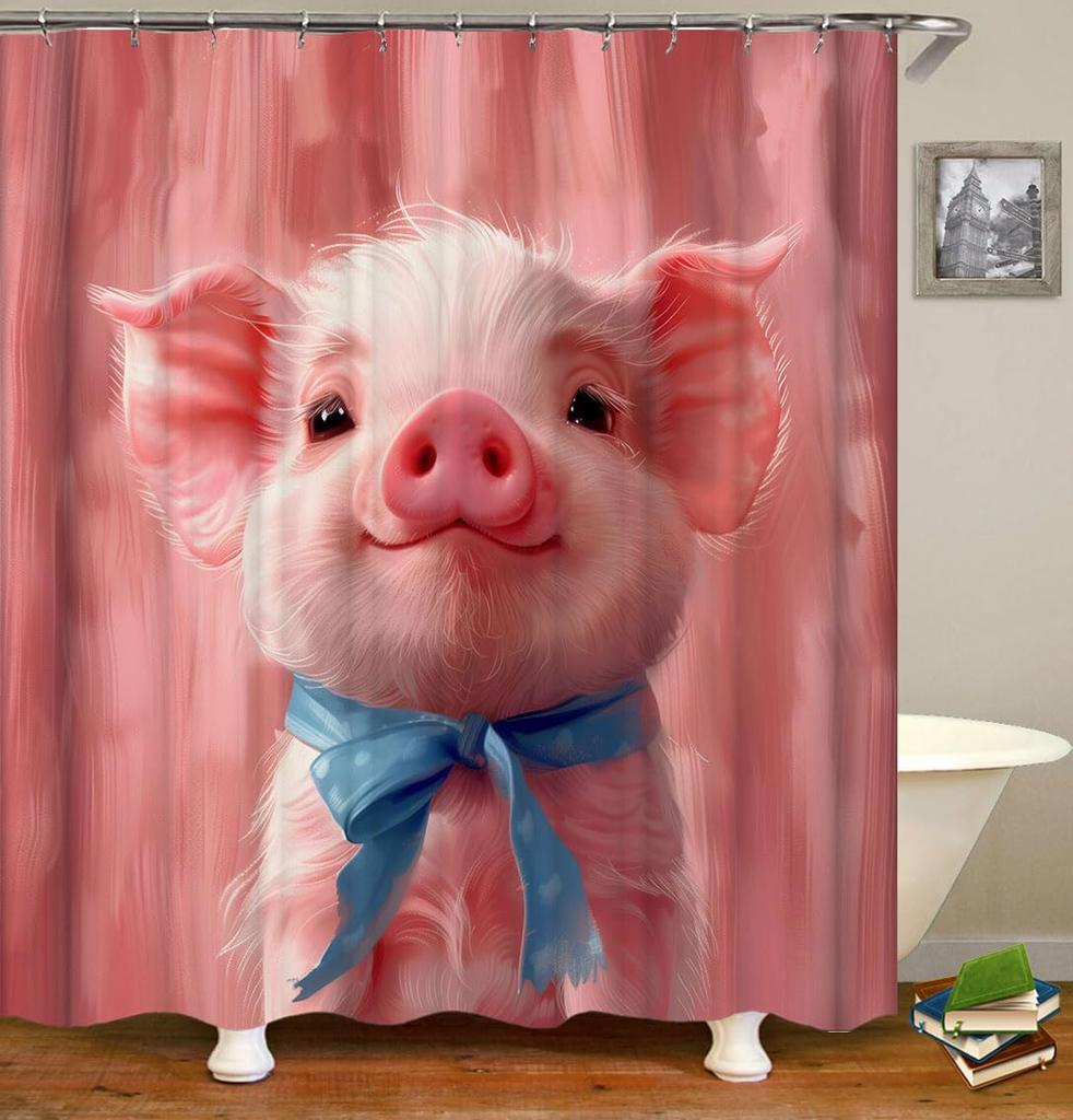 Pink Pig Shower Curtain, Lovely Animal Piggy Bath Curtain Western Animals Bathroom Decor Romantic Rose Flowers Bathroom Curtain