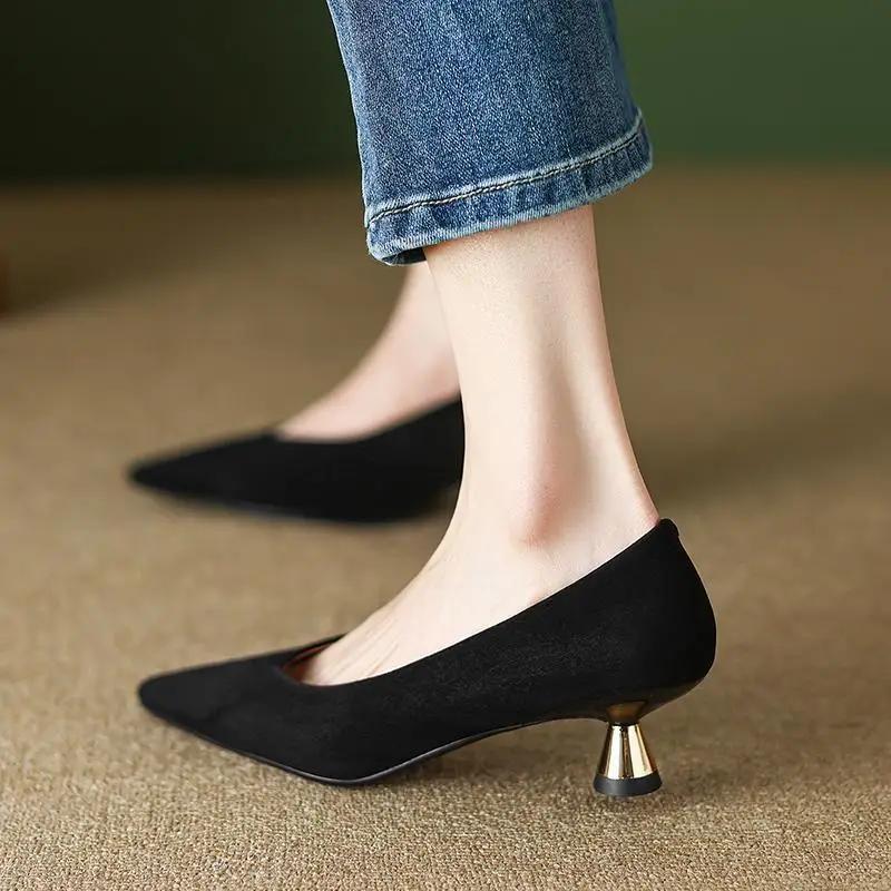 Fashion French Leopard-print Single Shoes Female Pointy Temperament Kitten with 2025 New Suede Mid-heel Pumps
