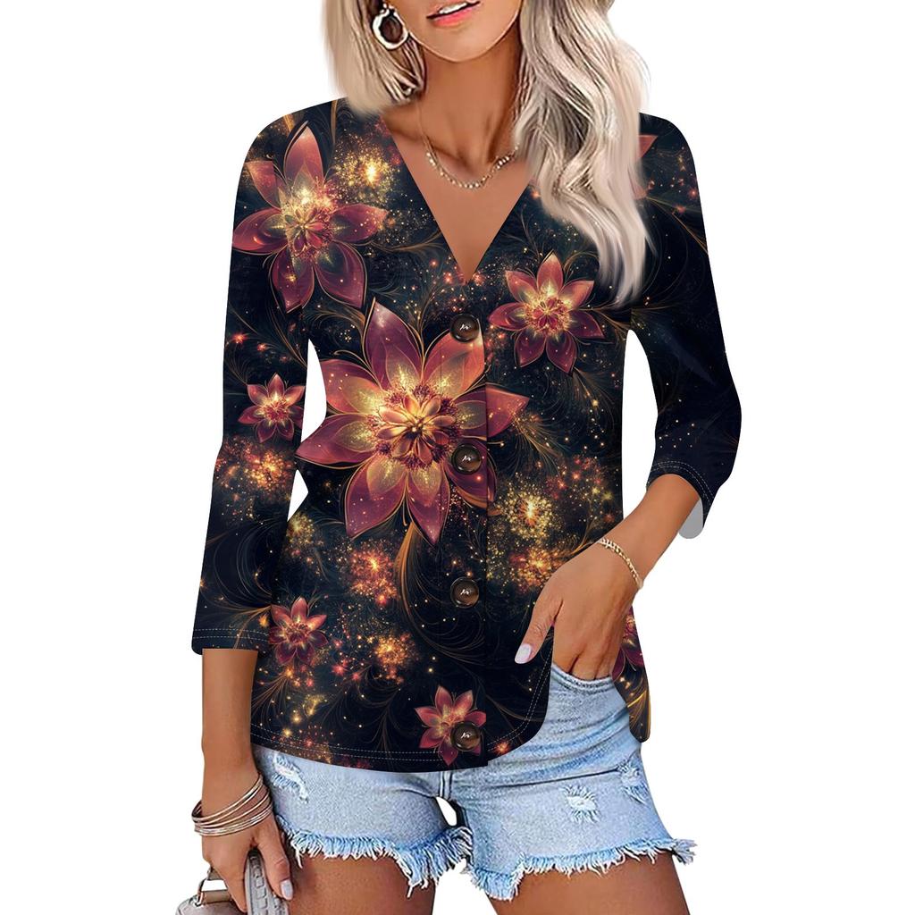 Women's Fashion Casual Print Button-down Shirt 3/4 Long Sleeve Tops