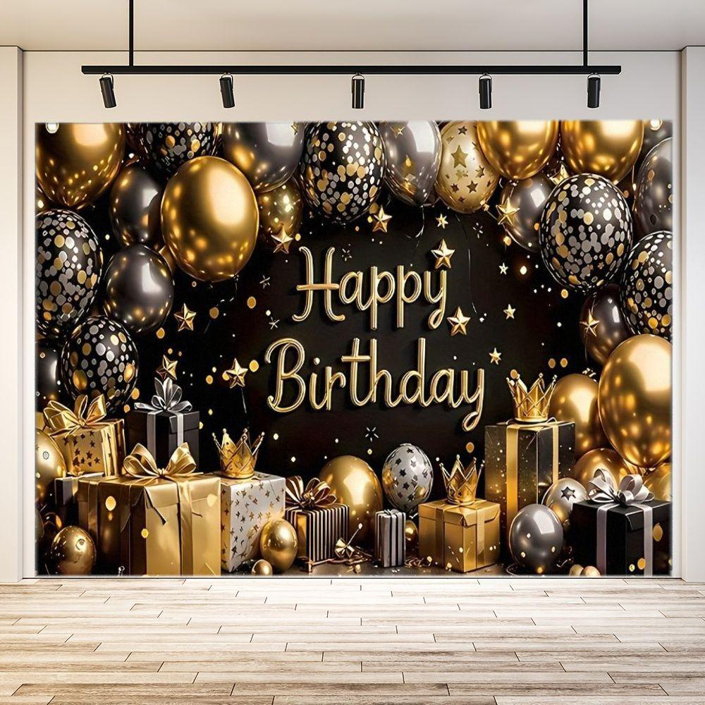 1 Stück luxuriöses und exquisites Geburtstags-Hintergrundbanner aus Polyestermaterial, dekoriert mit gold-silber-schwarzen Ballons