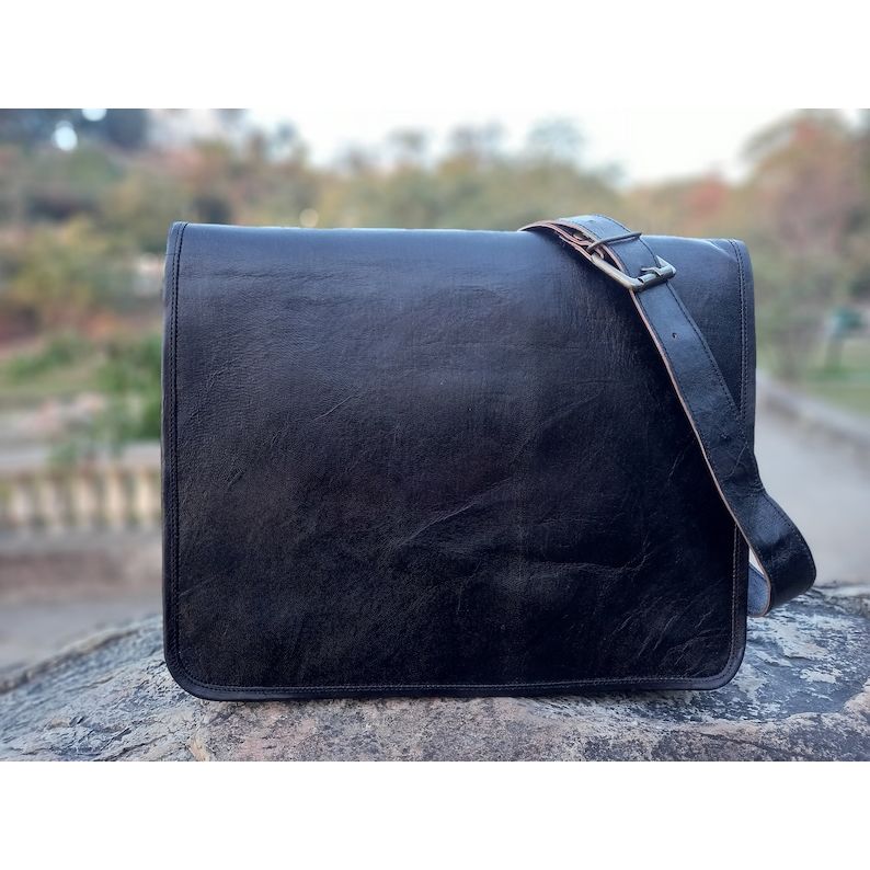 Handmade Black Leather Crossbody Bag: Laptop Messenger Satchel