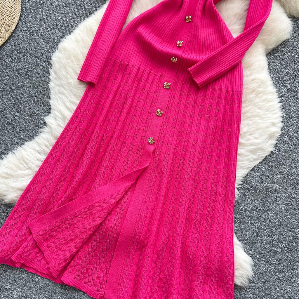 Autumn Winter Women Elegant Polo Collar Knitted Sweater Metal Button Long Maxi Split Pullover Dresses