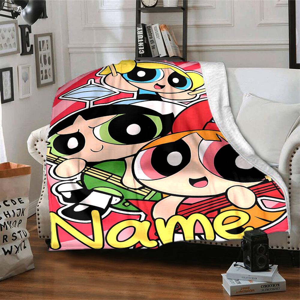 Custom Name Powerpuff Girls Adventure Flannel Blanket for Super Soft Cute Comfort Blanket for Travel Bedding Couch Sofa Blanket