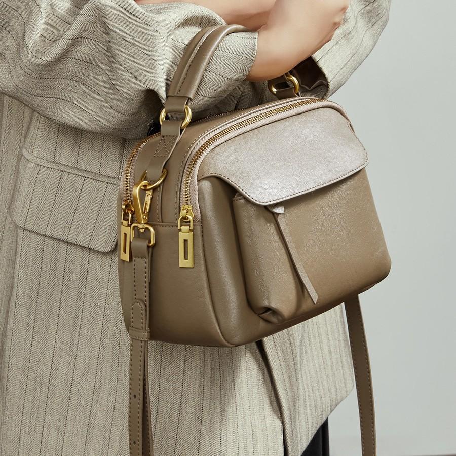 Genuine Leather Fashion Boston Bag Women'S Retro First Layer Crystal Vegetable Tanned Cowhide Portable Messenger Bag Trendy Shoulder Women'S Bag