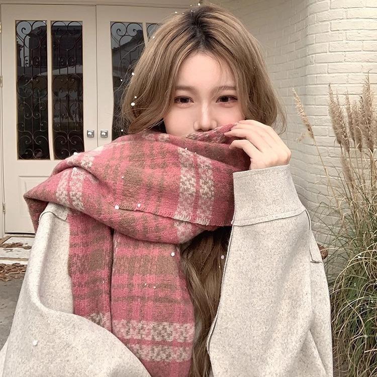 Autumn and Winter Popular Dry Rose Pink Plaid Scarf Female Korean Version Versatile Thickened Long Student Atmosphere Scarf