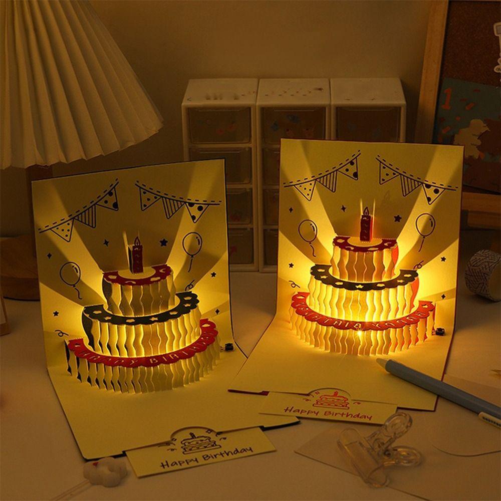 Hollow Carving 3D Cake Birthday Card with Envelope Folding LED Light Pop-Up Card Funny Unique Birthday Cake Postcards
