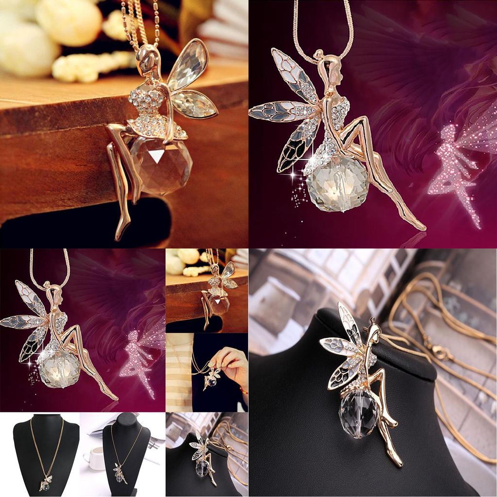 Elegant Fashion Women Crystal Fairy Angel Wing Pendant Long Chain Necklace Gift