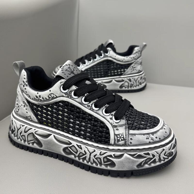 

Men s shoes sports trend board shoes summer new hollow breathable trend retro low-top white shoes men s casual shoes 44