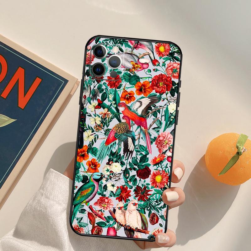 Garden Birds Vintage Tropical FLORAL Cover Case For iPhone 16 15 14 13 12 11 Pro Max XS XR X 12 13 Mini 16 15 Plus Fundas