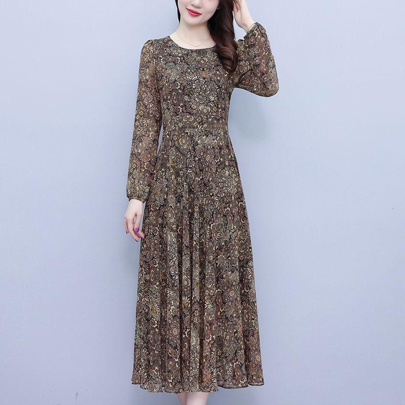 Zhigong 111g Pocket Autumn and Winter Long Sleeve Floral Middle-aged and Elderly Women's Clothing Mom Temperament Fashion Long Dress
