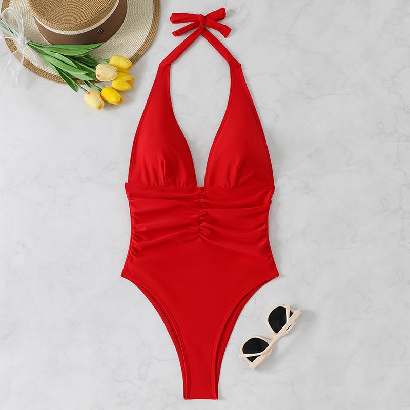 Halter Top Bathing Suit Woman Swimsuits One Piece Swimwear Women's 2026 Trend V Neck Beachwear Female Monokini Summer Bodysuit