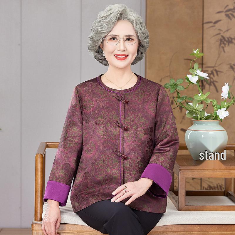 

Elegant Spring & Autumn Chinese Style Outerwear for Mothers and Grandmothers, Round Neck, Fashionable for Middle-Aged and Elderly Women. 2XL [115-125 lbs]