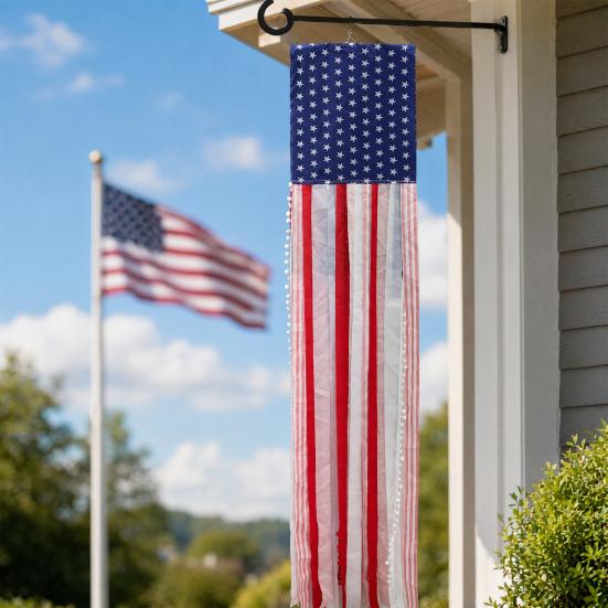 Patriotic Decorations Wreath & Flag Banner, 3D Star Hanging Ornaments for Front Door, Weatherproof Porch Hanging, Outdoor Wall Sign for Independence