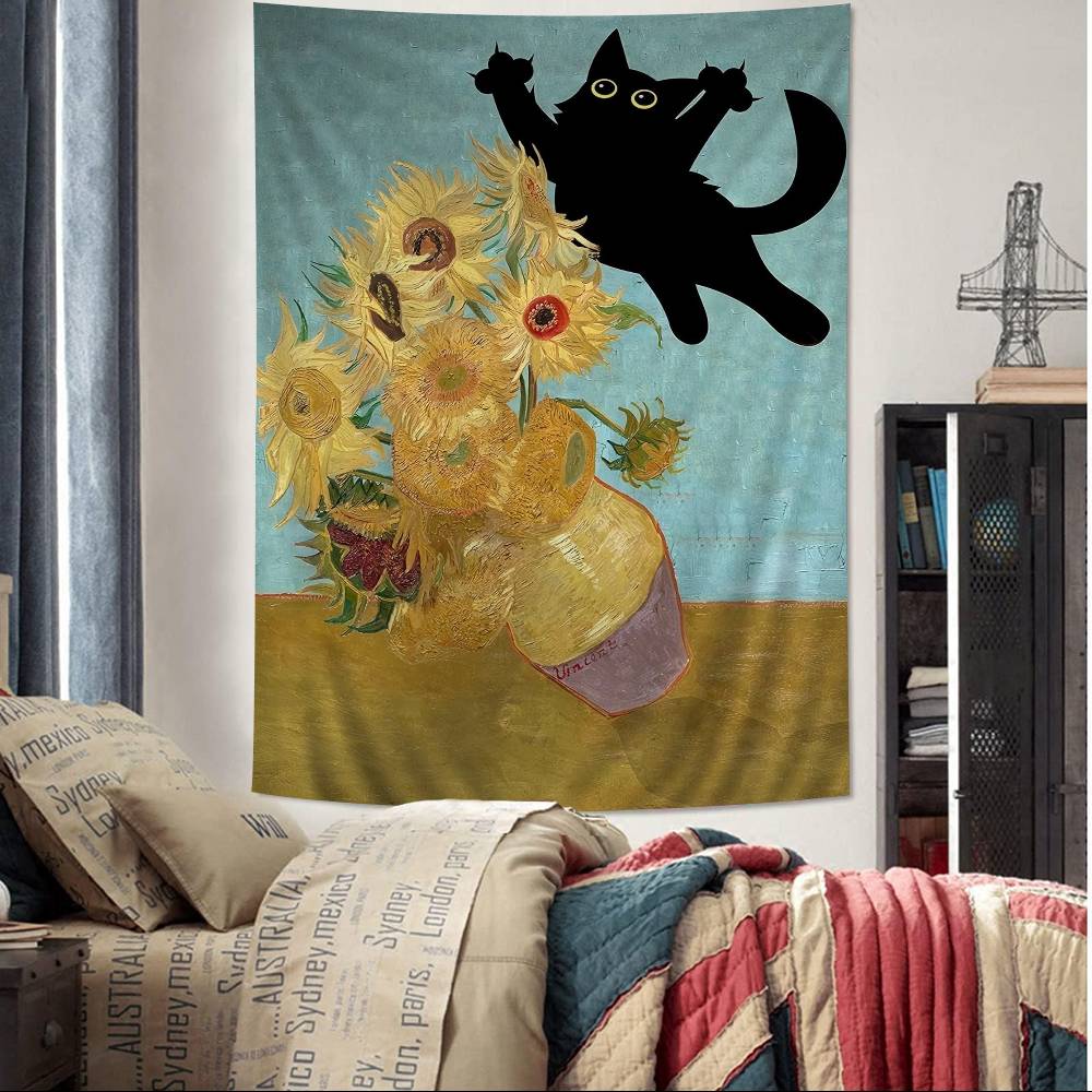Black Cat Van Gogh Hippie Wall Hanging Tapestries Bohemian Wall Tapestries Mandala INS Home Decor