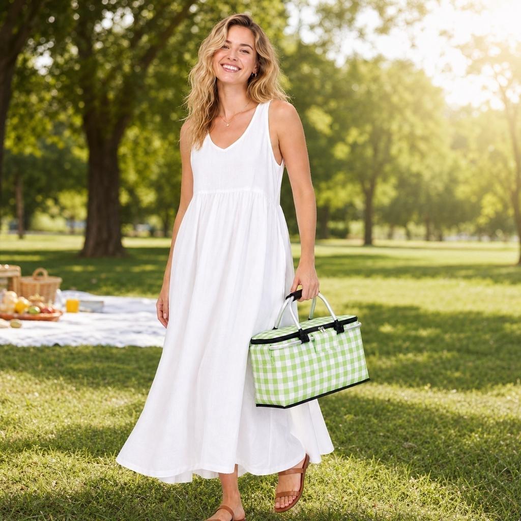 Oxford Fabric Portable Picnic Basket with Handle Foldable Insulated Cooler Bag for Outdoor Camping Storage and Grocery Shopping
