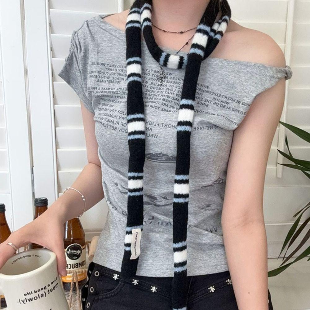 Korean Knitted Striped Skinny Scarf Stackable Wear Warm Decorative Scarf DIY Soft Long Narrow Scarf Fashion Match