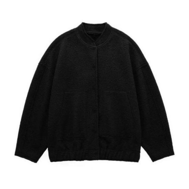 Autumn Winter Women Baseball Jacket Stand Collar Long Sleeve Casual Coat Solid Color Big Pockets Hidden Buttons