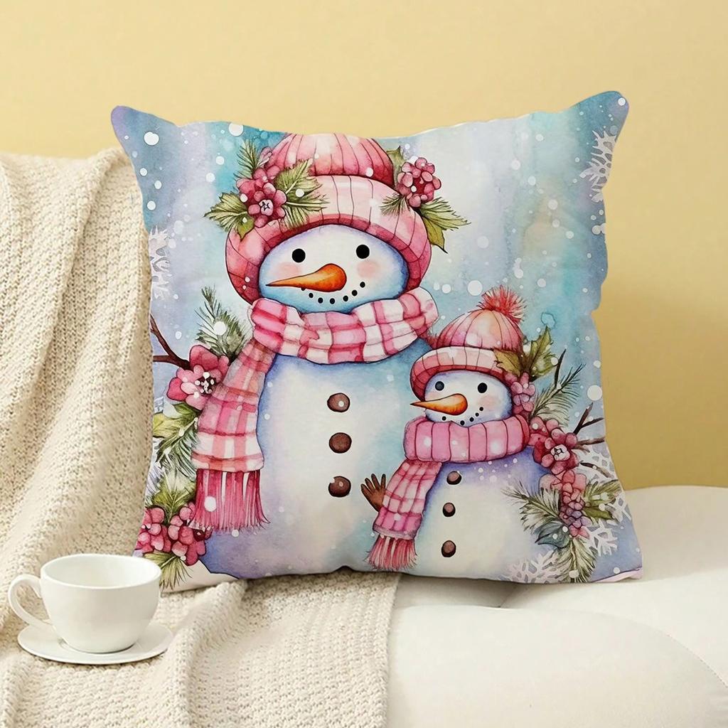 1pc Pink Christmas Cushion Cover Snowman Print Pillowcase Durable Cover 2025 New for Home Ornament Xmas New Year Christmas Decor