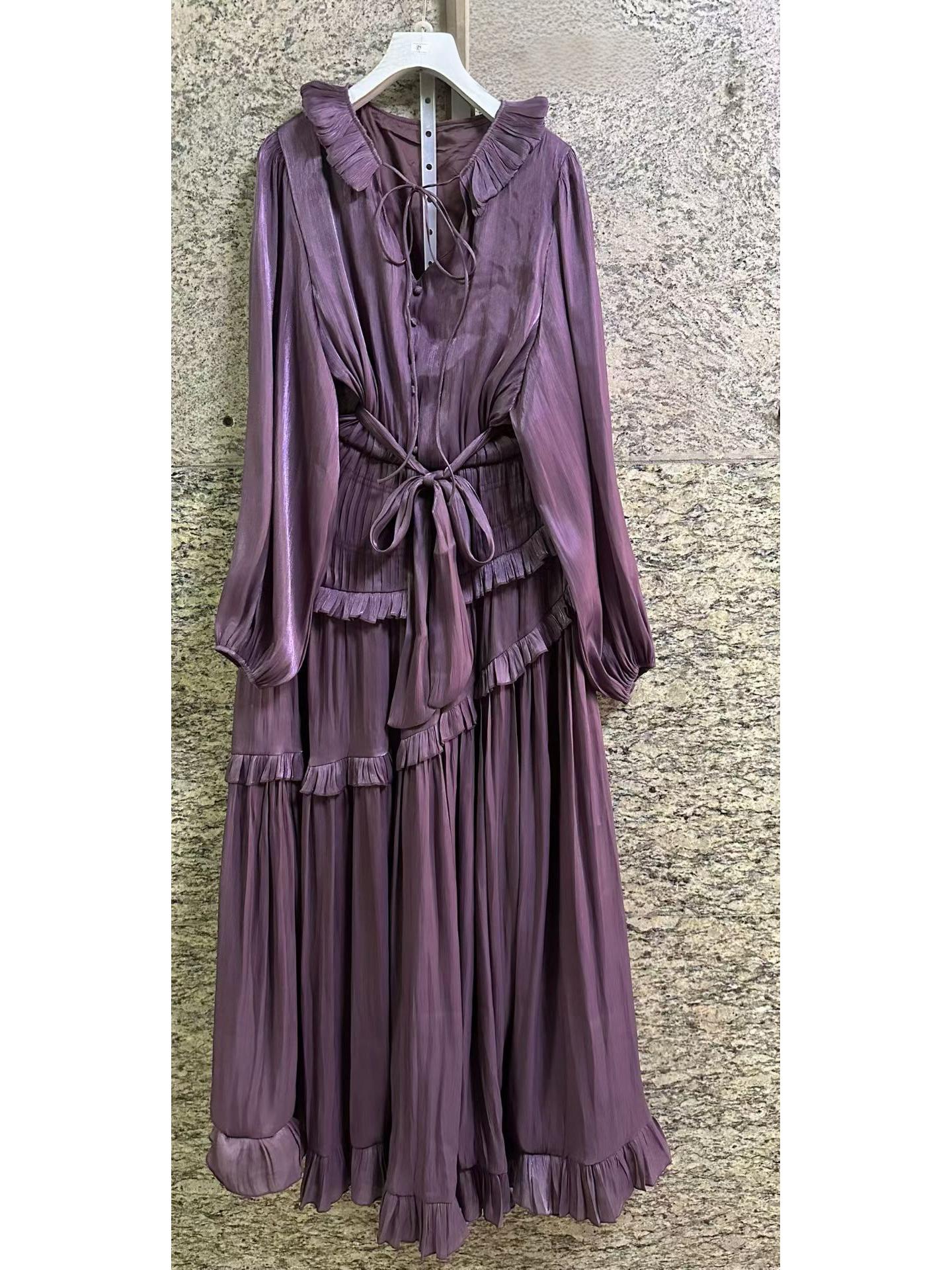 Elegant Pleated Waist-Cinching Lace-Up Dress - Light Luxury Style Small фиолетовый