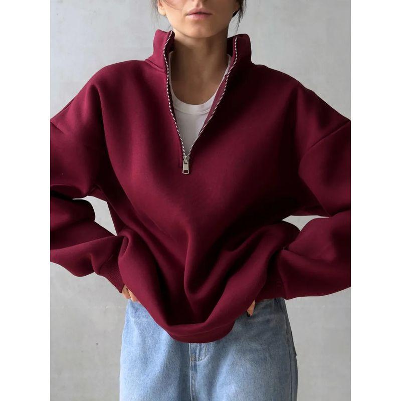 Western Style Fashion Casual Loose Stand Collar Half Zipper Pullover Hoodie Solid Loose Top Half Zip Top
