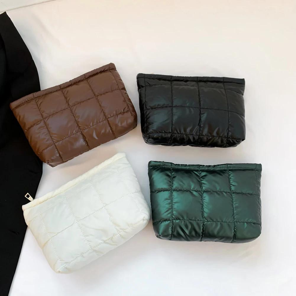 Women Cosmetic Pouch Padded Quilted Toiletry Bag Large Capacity Makeup Organizer Bag Solid Color Travel Cosmetic Bag