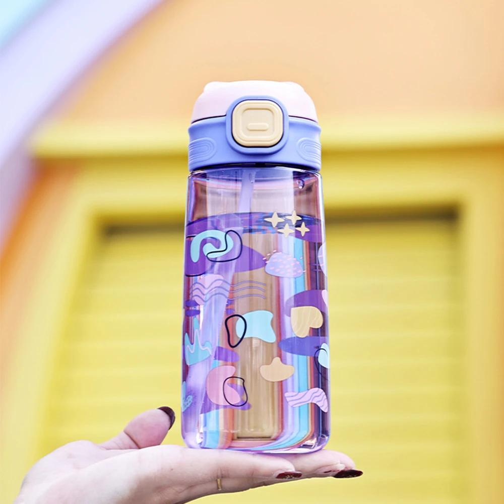 

600ML Childrens Water Bottle With Straw Cute Kids Water Sippy Cup Outdoor Portable Cartoon Water Bottle for Children School Boba 600ml фиолетовый