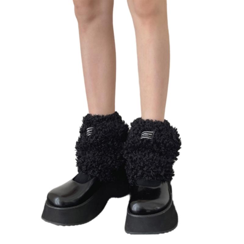 Women Furry Leg Warmers with Letter Label Aesthetic Winter Warm Fuzzy Plush Boot Cuffs Leg Gaiters Socks Streetwear