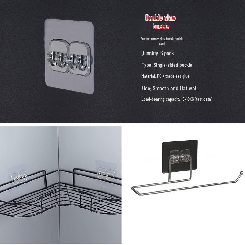 Multi-layer Adhesive Wall-Mount Storage Rack with Transparent Hooks for Bathroom