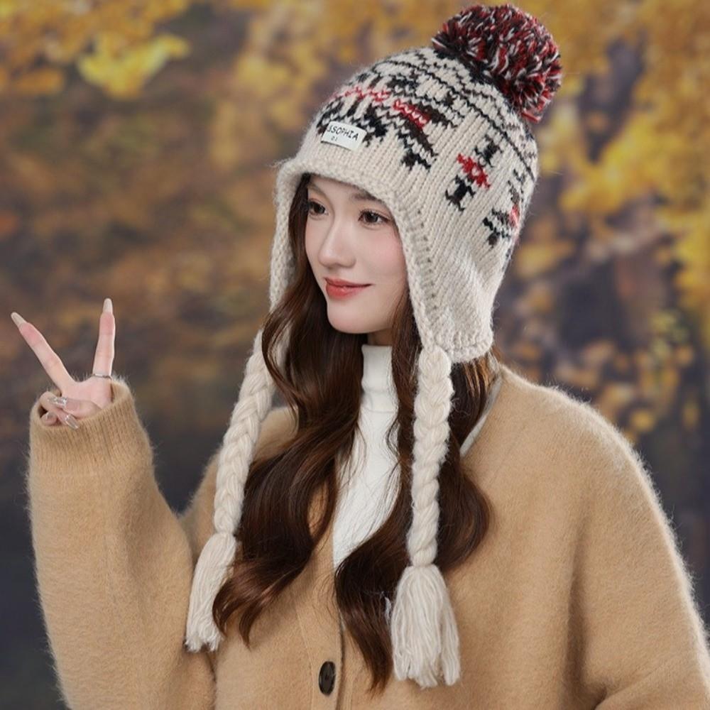 Y2k Ear Protection Cap Jacquard Women Wool Cap Cute Knitted Beanies Caps  Autumn Winter