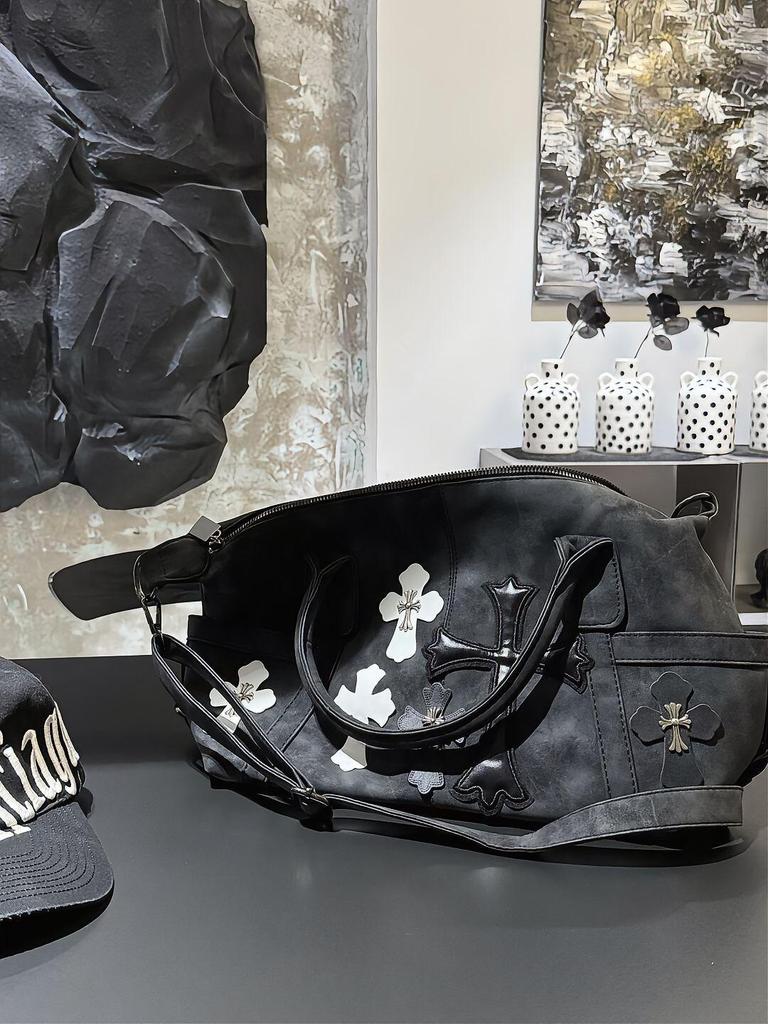 2025 Little Red Book Chrome Hearts Black & White Patchwork Travel Bag with Roman Metal Cross Shoulder Strap